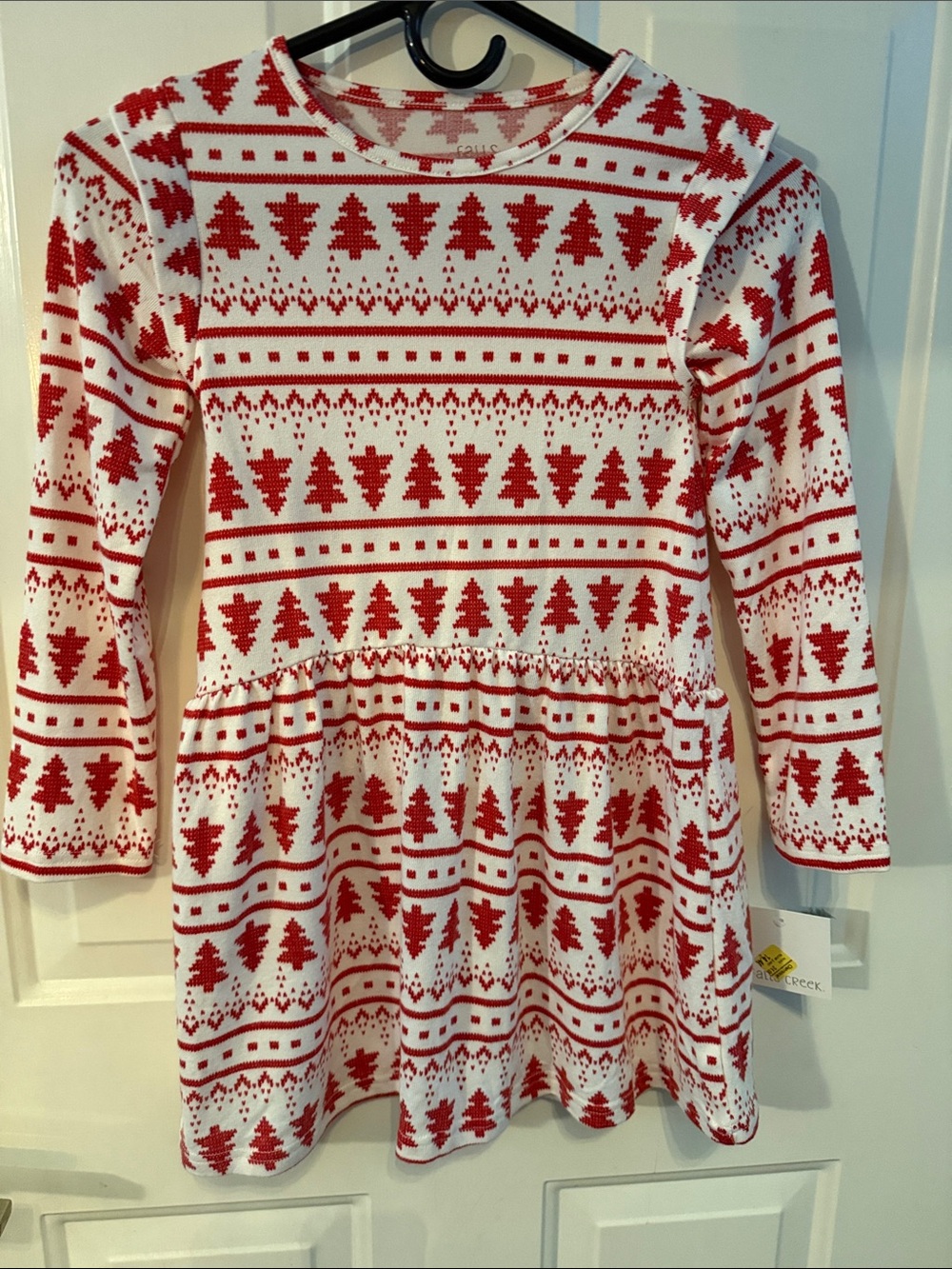 Falls Creek Girls Red and White Holiday Tree Knit Dress